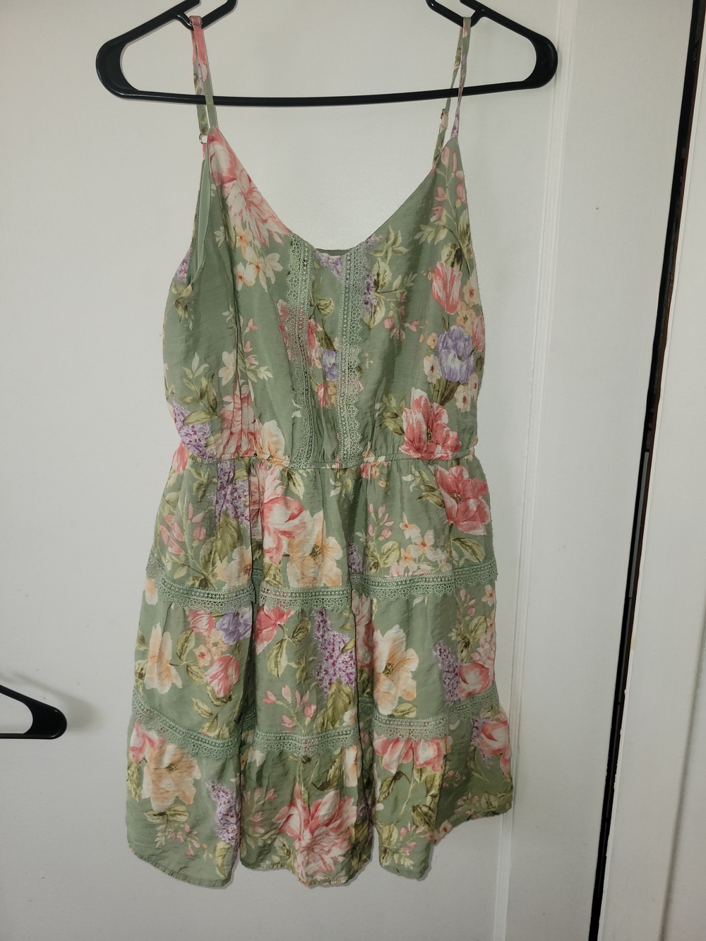 Blu Pepper Floral Tiered Mini Dress in Sage Green with Pink Accents